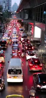 Vibrant city traffic with colorful lights at night.