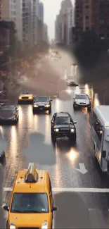 Bustling city traffic on a rainy street with blurred buildings.