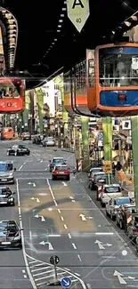 Overhead train glides above busy city street.