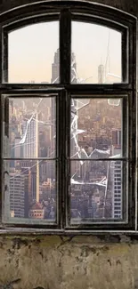 Cracked window with cityscape background, rustic urban scene.