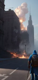 Lone figure in blue coat on fiery city street with skyscrapers.