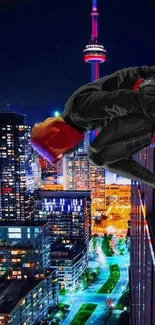 Daring figure climbs city skyscraper at night with vibrant skyline background.