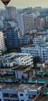 Aerial view of a dense urban cityscape with numerous buildings.