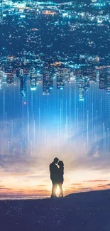 Romantic couple silhouette with cityscape and sunset.