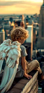 Child with angel wings overlooking city at sunset, creating a peaceful scene.