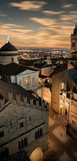 Evening cityscape with ornate historic buildings and city lights.