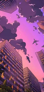 Illustrated cityscape at sunset with a plane flying overhead, showcasing purple skies and skyscrapers.