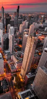 Vibrant cityscape with orange sunset hues and towering buildings.