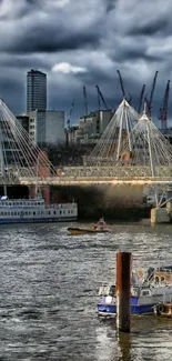 A striking cityscape with modern bridge and river.