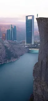 A scenic cityscape from a cliff with skyscrapers and a serene view.