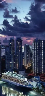 Twilight cityscape with cruise ship and skyscrapers at waterfront.