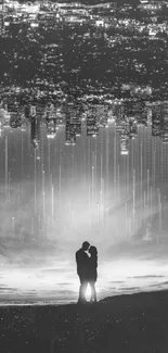 Inverted cityscape with couple silhouette and sky.