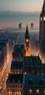 City skyline at dusk with glowing lights and historical architecture under a foggy sky.