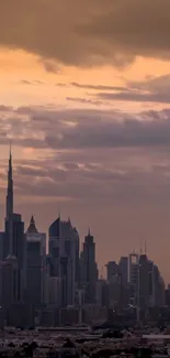 City skyline at dusk with dramatic sky and warm hues.