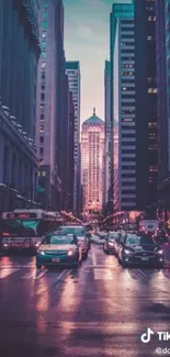 Evening city street view with cars and tall buildings under a muted cyan sky.