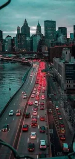 Evening cityscape with bustling traffic and glowing skyline.