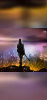 Fantasy cityscape wallpaper with vibrant neon colors and a lone figure at night.