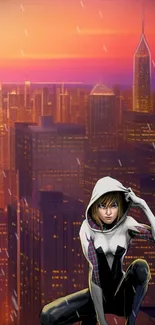 Hooded superhero in front of a sunset cityscape wallpaper for mobile.