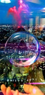 Magical cityscape reflected in a crystal sphere, blending urban lights with vivid hues.