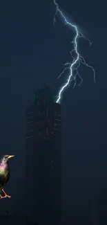 Bird and lightning over a dark city skyline.