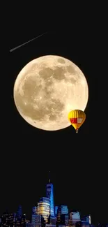 Mobile wallpaper of moon, city skyline, and hot air balloon at night.