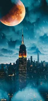 New York City skyline with a glowing moonrise and clouds at night.