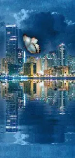 Serene night cityscape with butterfly over water.