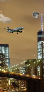 Airplane over city skyline at night with bright lights and moon in the background.