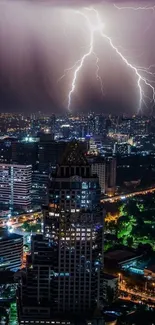 City skyline with dramatic lightning at night.