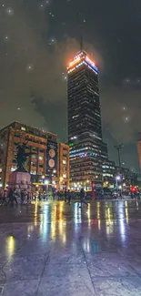 Nighttime cityscape with illuminated skyscrapers and reflected lights.