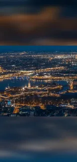 A stunning night cityscape with illuminated city lights, captured from above.