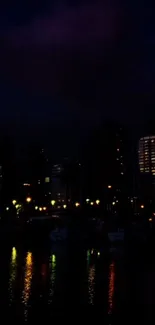 Cityscape at night with neon reflections on water.