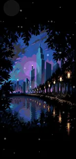 Digital art of a cityscape with reflections on a calm river at night.