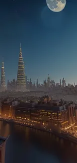 Night cityscape with illuminated skyscrapers and a moonlit sky.