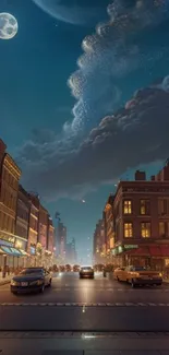 Moonlit city street under a serene night sky with glowing stars.