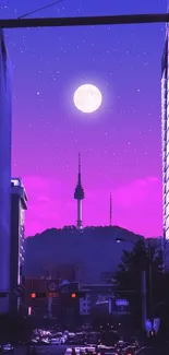 Night cityscape with a glowing purple sky and full moon.