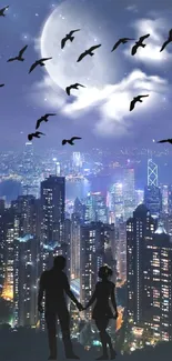 Silhouettes and cityscape under a moonlit sky at night with birds flying.