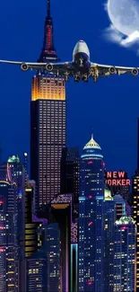 Airplane flying over cityscape at night with full moon.