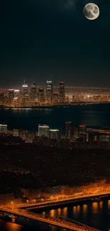 Night cityscape with a skyline and a glowing full moon under a dark blue sky.