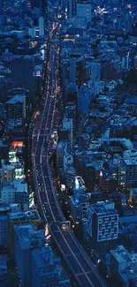 Stunning cityscape at night with vibrant blue hues and illuminated streets.