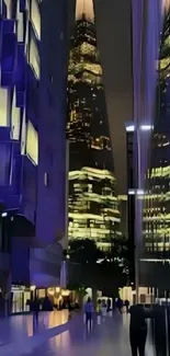 Futuristic night cityscape with glowing skyscrapers and reflections.