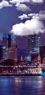 A vibrant cityscape at night with skyscrapers reflected in a calm river.