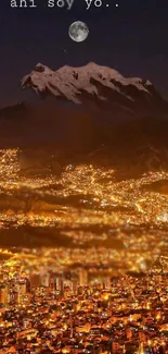 City lights illuminate a night skyline beneath a snow-capped mountain and full moon.