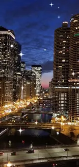 A vibrant cityscape at night with illuminated skyscrapers and a tranquil river.