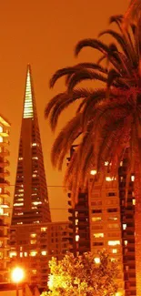 Urban skyline at sunset with palm trees and architecture.