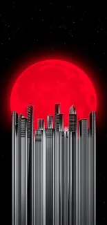 Futuristic cityscape with a red moon in the background.