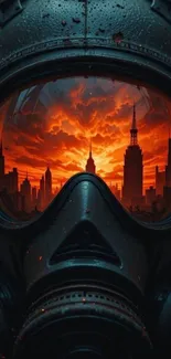 Cityscape reflection in helmet with fiery sky.