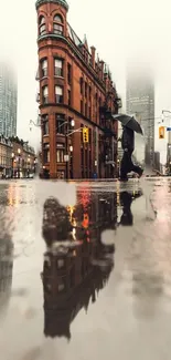 Historic building reflection in cityscape on a rainy day.