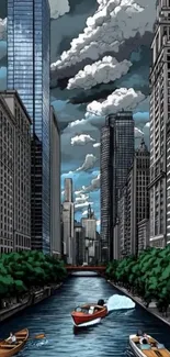 Illustrated cityscape with a river and boats on a cloudy day.