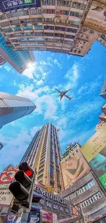 Vibrant cityscape with skyscrapers and blue sky featuring an airplane overhead.